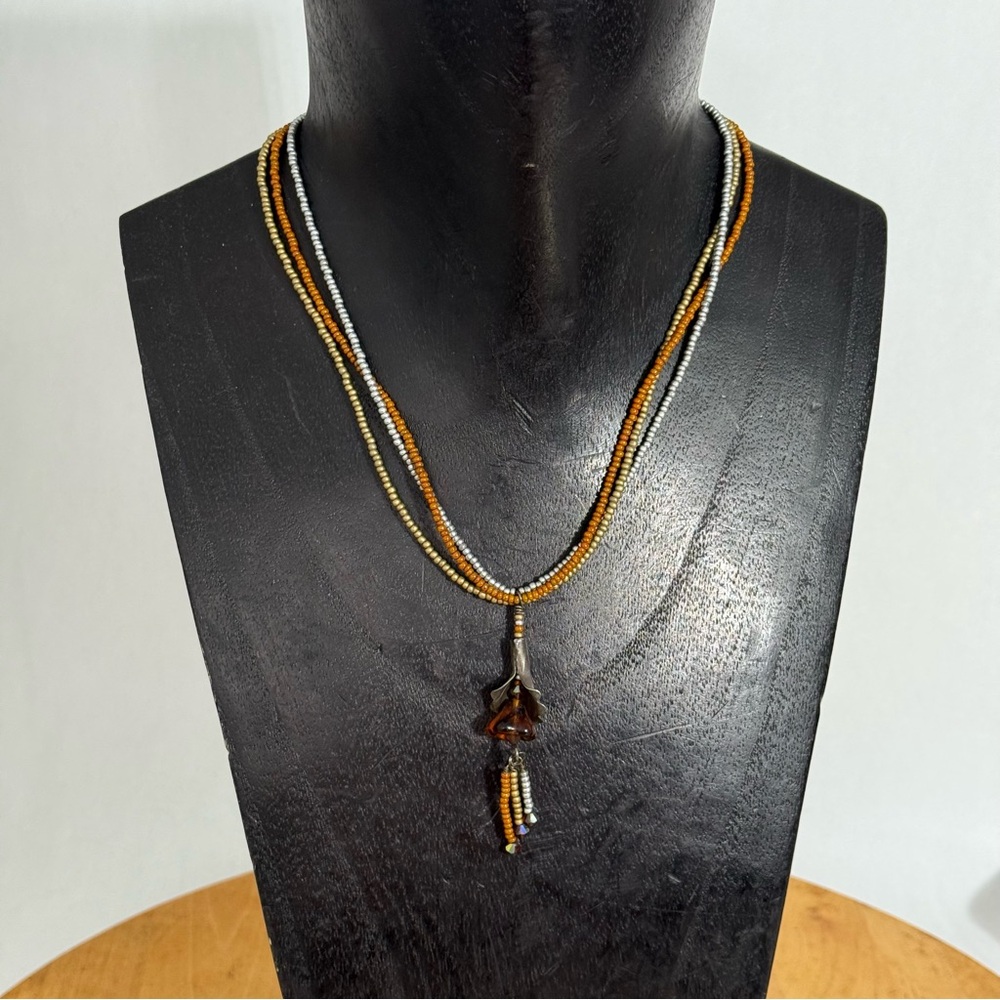 Multi-Strand Beaded Necklace with Silver & Amber Tulip Drop Pendant Bohemian